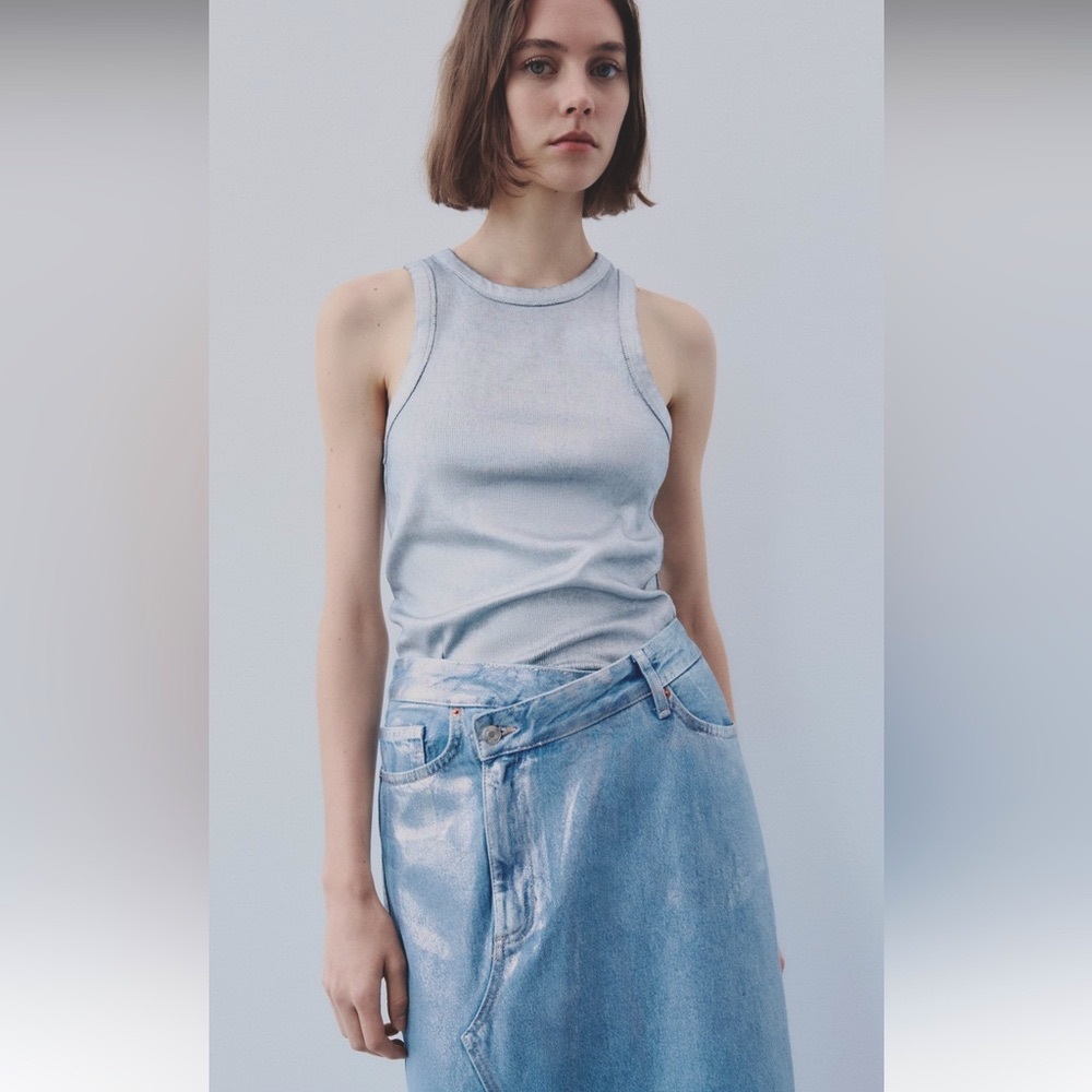 METALLIC DENIM ASYMMETRIC SKIRT